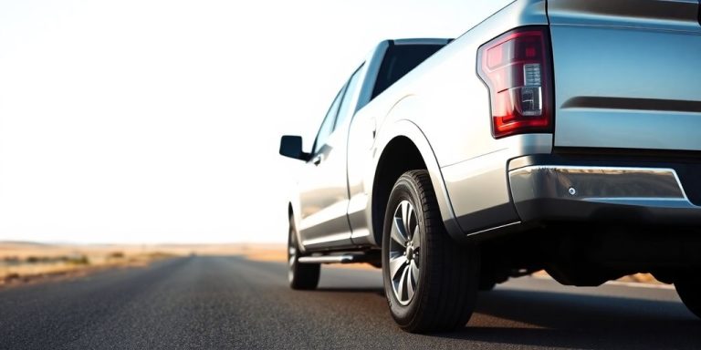 Silver pickup truck parked on an open road.