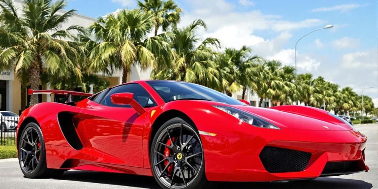 Red sports car parked on Orlando street, sunny day.