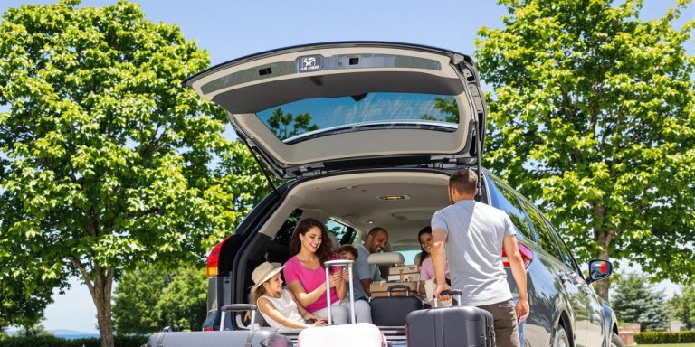 Family packing large car for vacation.