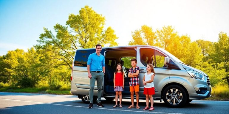 Family loads luggage into a spacious minivan.