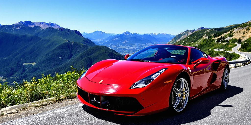 Red sports car parked on a scenic mountain road.