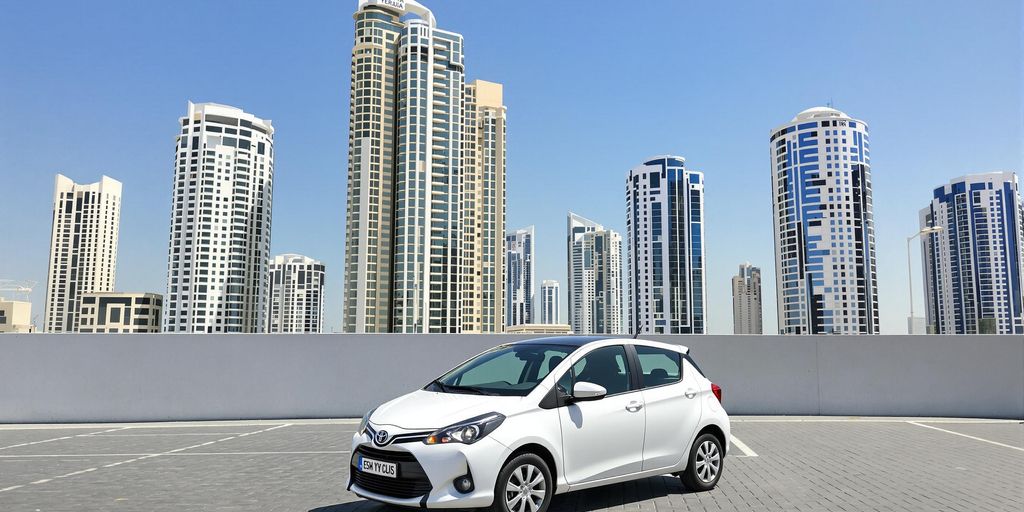Compact car parked in front of modern Sharjah skyline.
