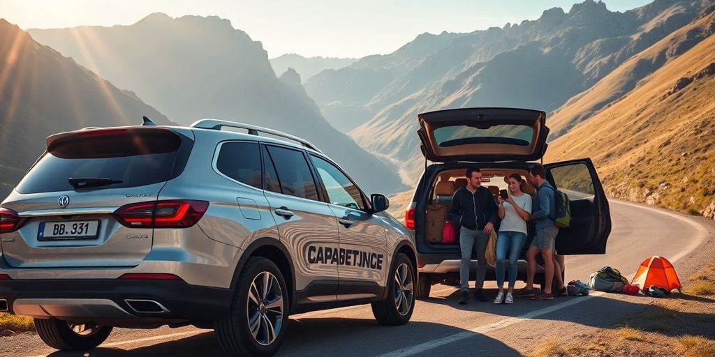 Family in SUV on mountain road.
