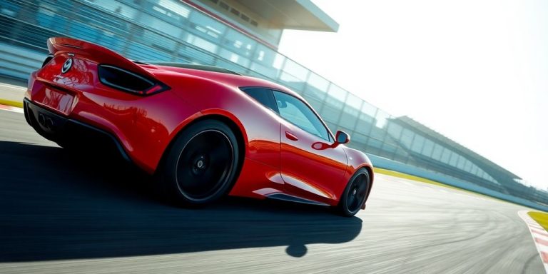 Sleek sports car speeding on a track.