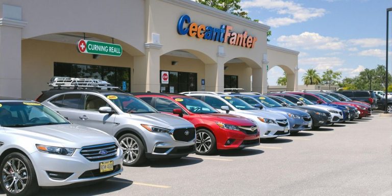 Cars parked at a rental agency.