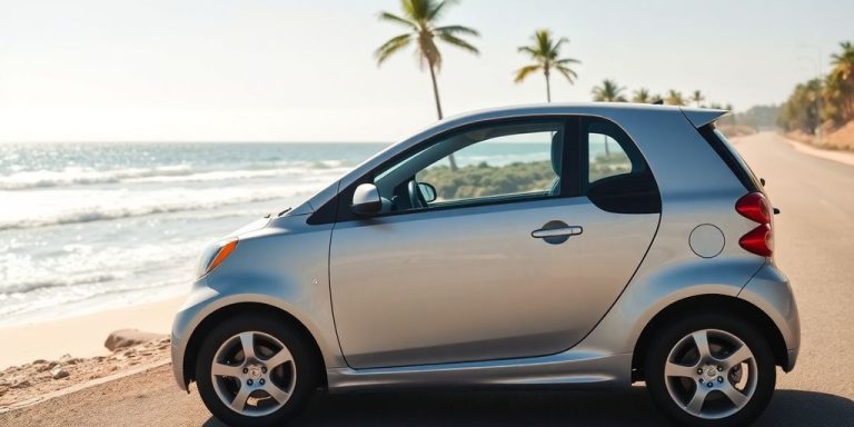 Compact car parked by a sunny beach.