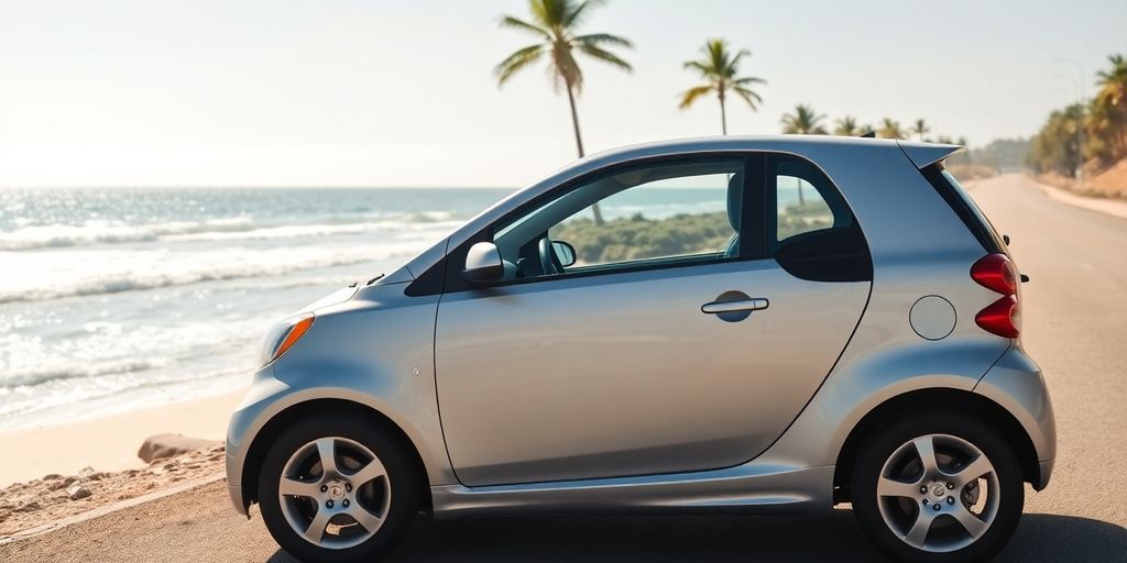 Compact car parked by a sunny beach.