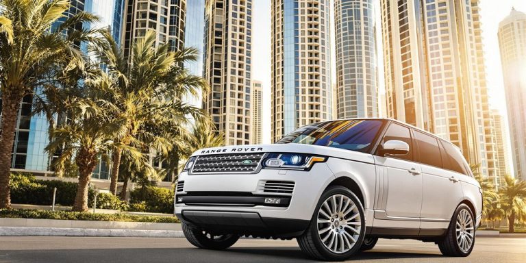 Range Rover parked luxurious Dubai setting.