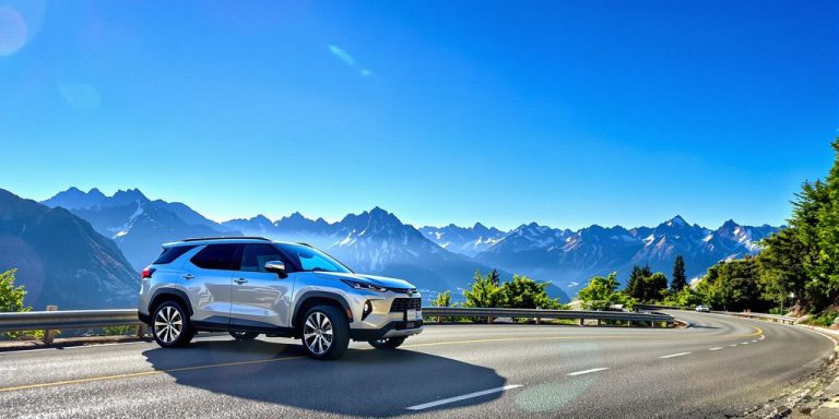 Silver SUV parked on scenic mountain road.